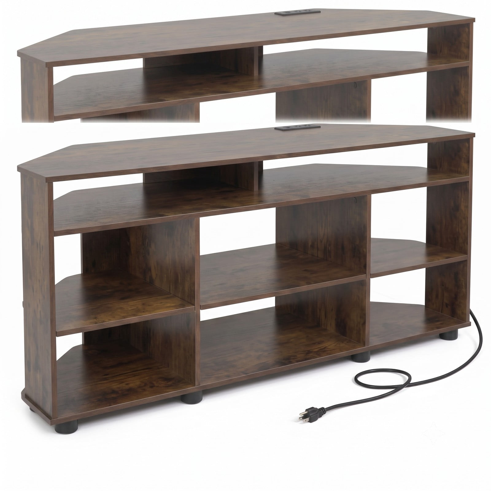 Furnibear Corner TV Stand for TVs up to 55 Inch, Entertainment Center with Charging Station, 3 Adjustable Shelves, Wood Media Console Side Cabinet for, Rustic Brown