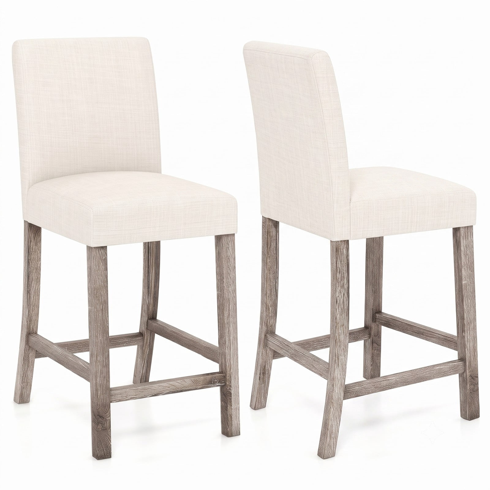 Furnibear Counter Height Bar Stools Set of 2, 24.5 Inch Upholstered Linen Kitchen Island Stools with Backrest and Footrest, Rubber Wood Frame Dining Chairs for, Beige