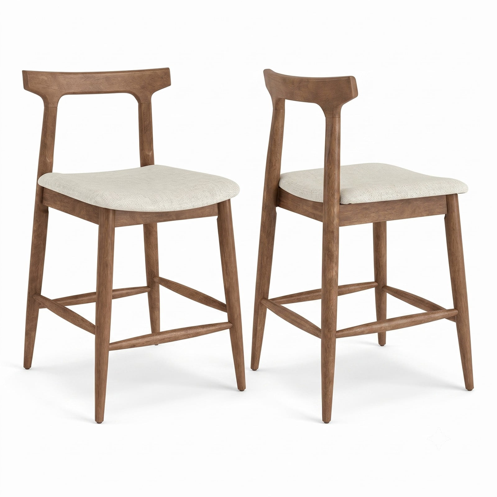Furnibear Counter Height Bar Stools Set of 2, 24 Inch Solid Rubber Wood Kitchen Island Chairs with Curved Backrest, Upholstered Padded Seat and Built-in, Walnut