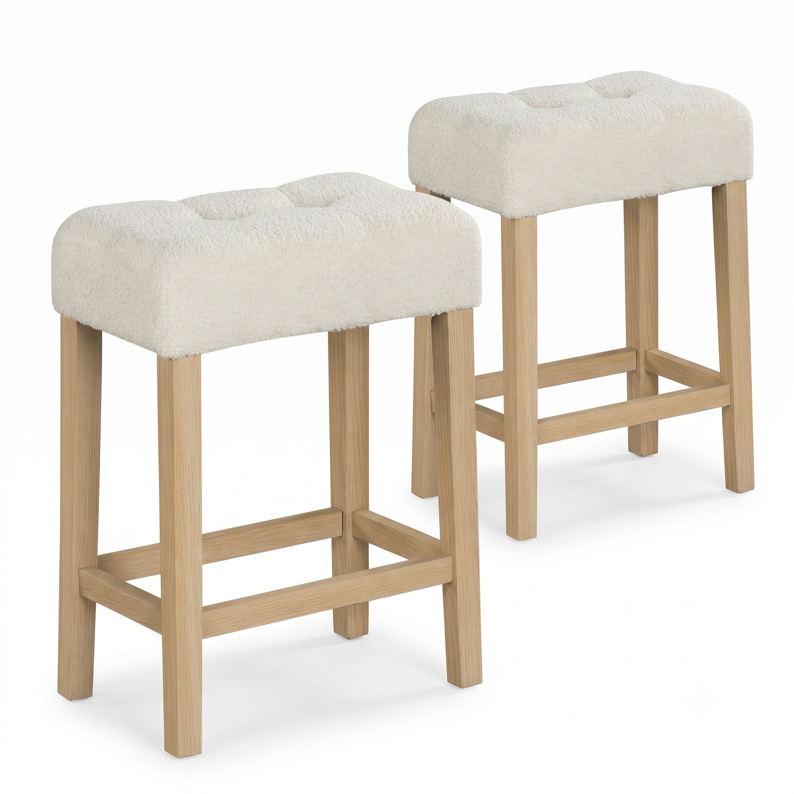 Furnibear Counter Height Bar Stools Set of 2, Upholstered Sherpa Fabric Barstools with Rubber Wood Legs, Footrest & Anti-Slip Pads, Backless Kitchen, Beige and Natural