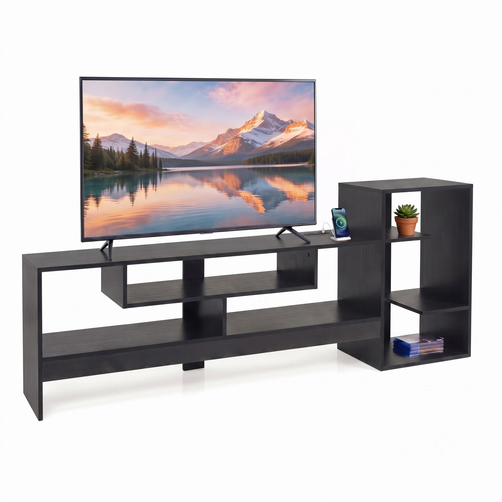 Furnibear Cube TV Stand for 55 Inch TV with Power Outlets, USB and Type-C Ports, Open Cube Storage Shelves, Entertainment Center Media Console for Living Room, Black