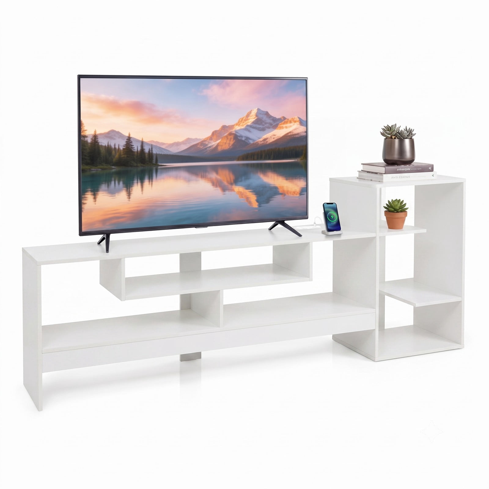 Furnibear Cube TV Stand for 55 Inch TV with Power Outlets, USB and Type-C Ports, Open Cube Storage Shelves, Entertainment Center Media Console for Living Room, White