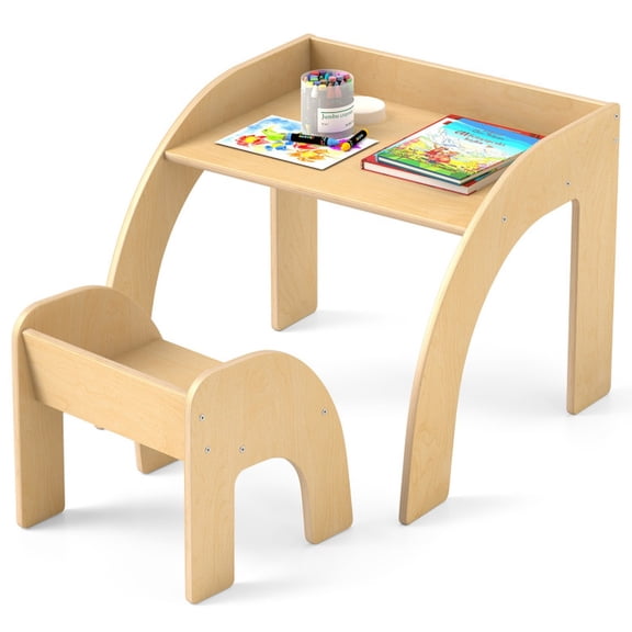 Furnibear Curved Edges Wide Tabletop Chalkboard Topped Play Table Set, Natural