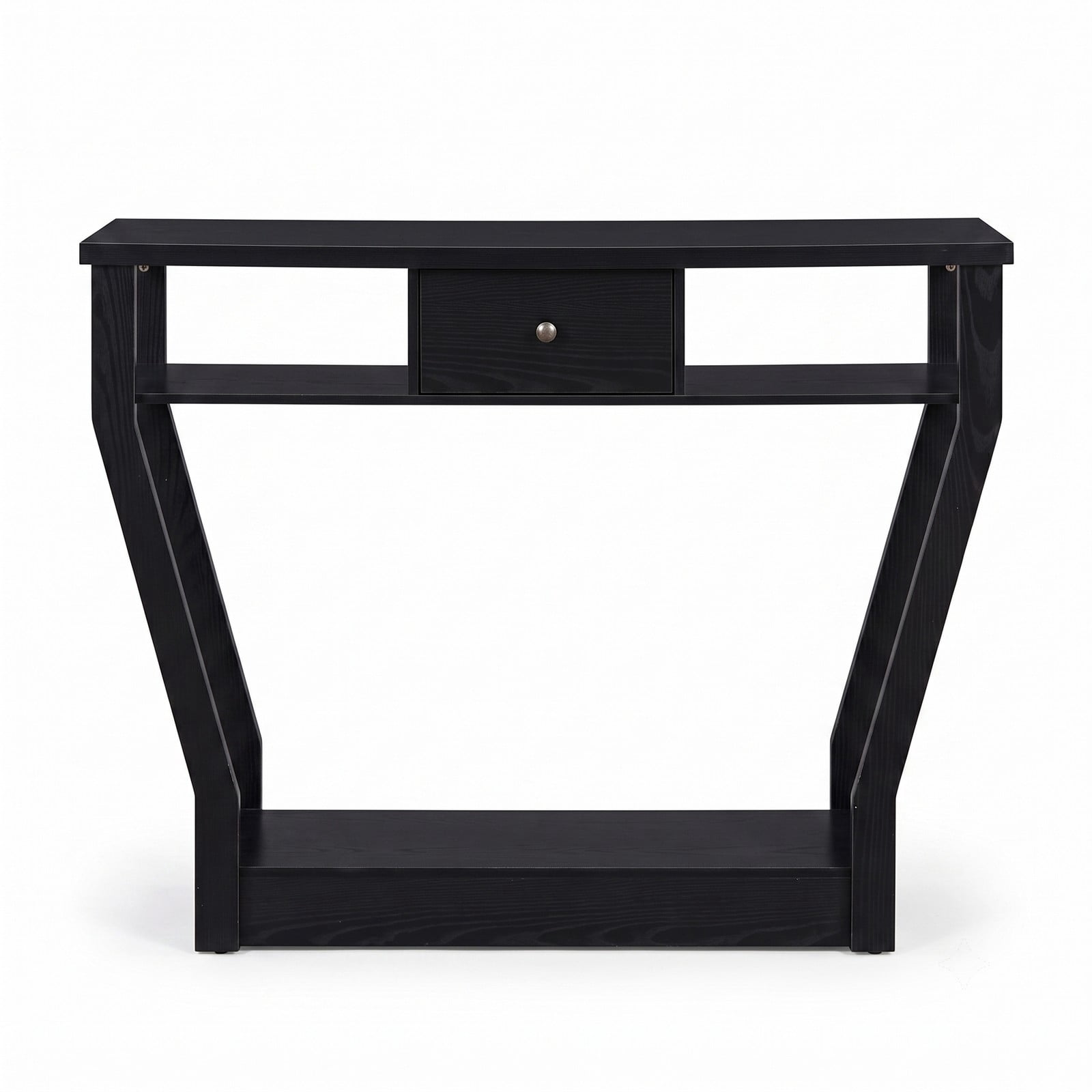 Furnibear Curved Frame Console Table with Storage Drawer and Open Shelves and Angled Legs for Entryway and Hallway, Black