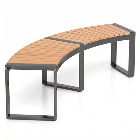 Furnibear Curved Outdoor Patio Bench with Slatted Acacia Wood Seat and Metal Legs for Backyard Poolside and Balcony, Natural
