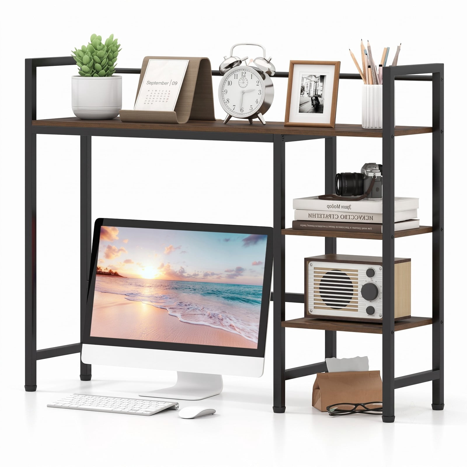 Furnibear Desktop Bookshelf 38.5 Inch Wide Storage Display Rack, Countertop Bookcase Organizer with Metal Frame for Home Office Desk, Living Room and, Rustic Brown