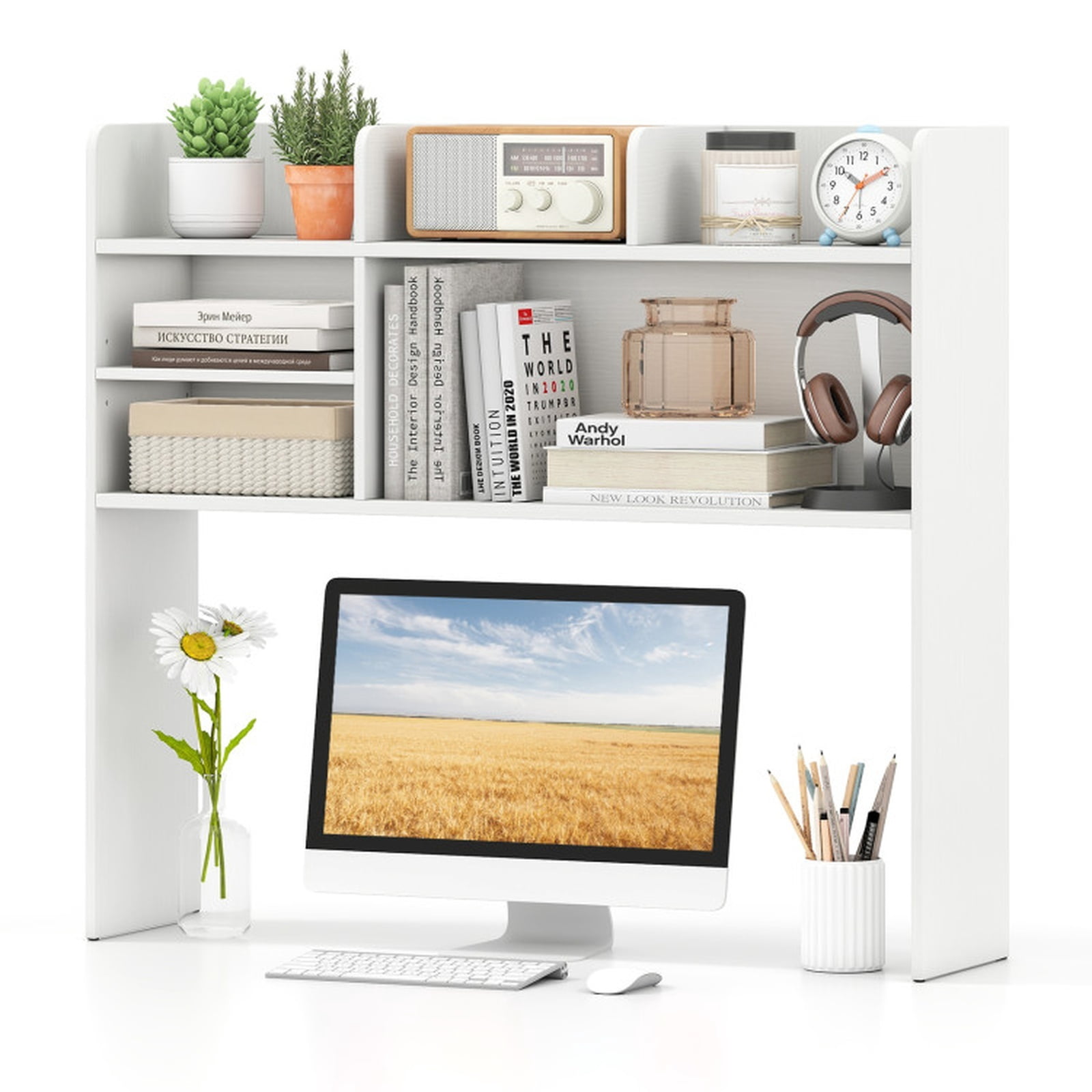 Furnibear Desktop Bookshelf Countertop Storage Hutch with 6 Shelves White, 37" x 9.5" x 33.5" - Open Storage Display Rack for Home Office