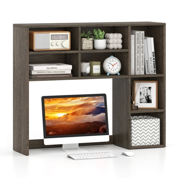 Furnibear Desktop Bookshelf with 7 Open Cubbies and 3 Adjustable Shelves Oak, 37" x 10" x 31" - Open Storage Display Rack for Home Office