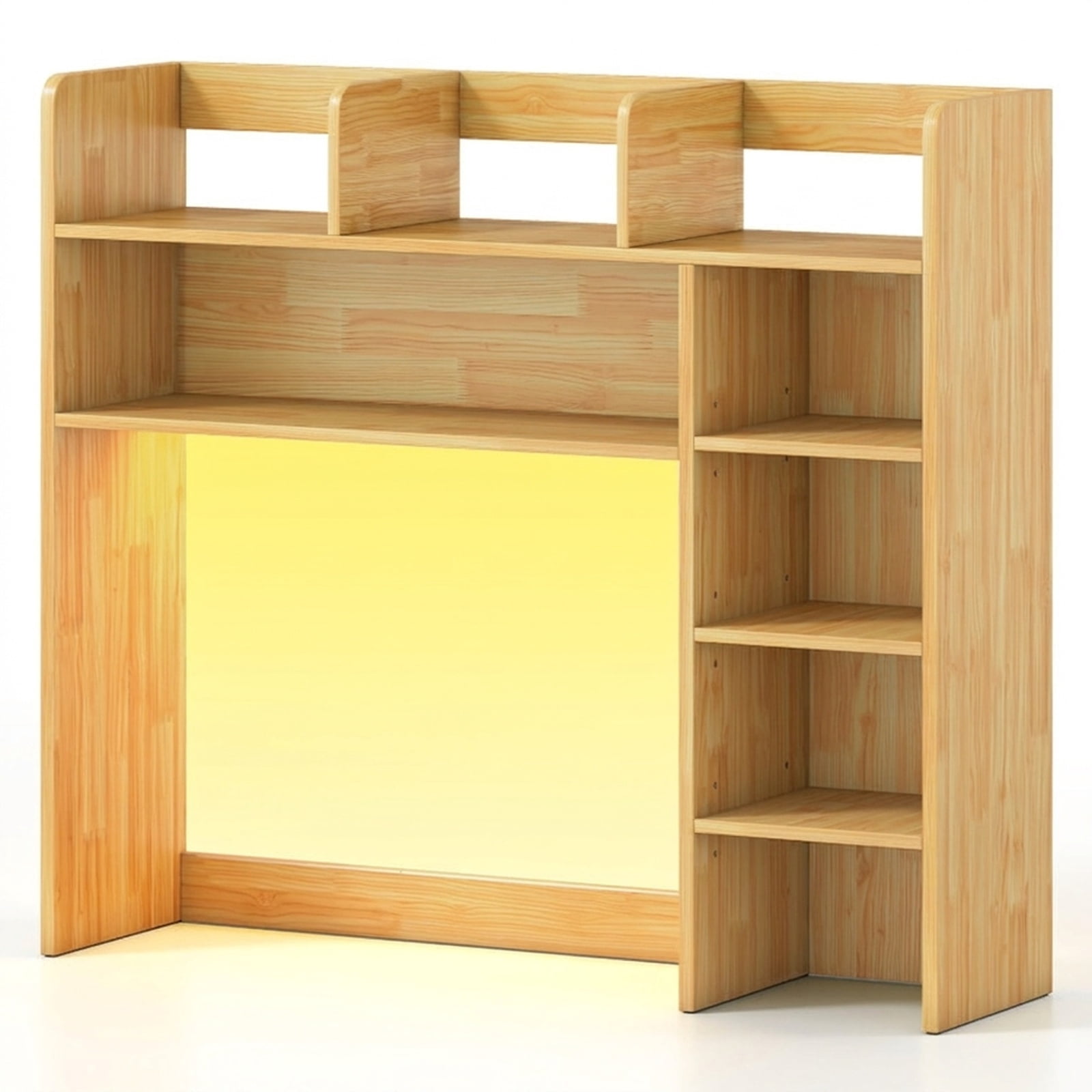 Furnibear Desktop Bookshelf with LED Lights 35.5 Inch Desk Hutch Storage Organizer and Adjustable Shelves for Home Office, Beige
