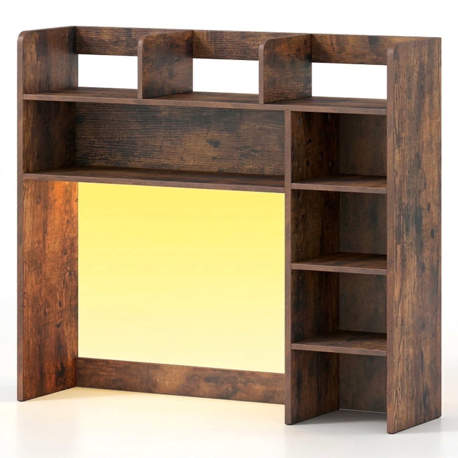 Furnibear Desktop Bookshelf with LED Lights 35.5 Inch Desk Hutch Storage Organizer with Adjustable Shelves and Remote, Rustic Brown