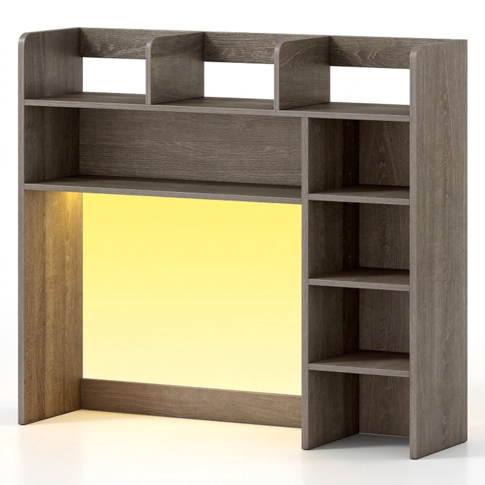 Furnibear Desktop Bookshelf with LED Lights 35.5 Inch Oak Desk Hutch Storage Organizer with Adjustable Shelves for Home Office, Oak