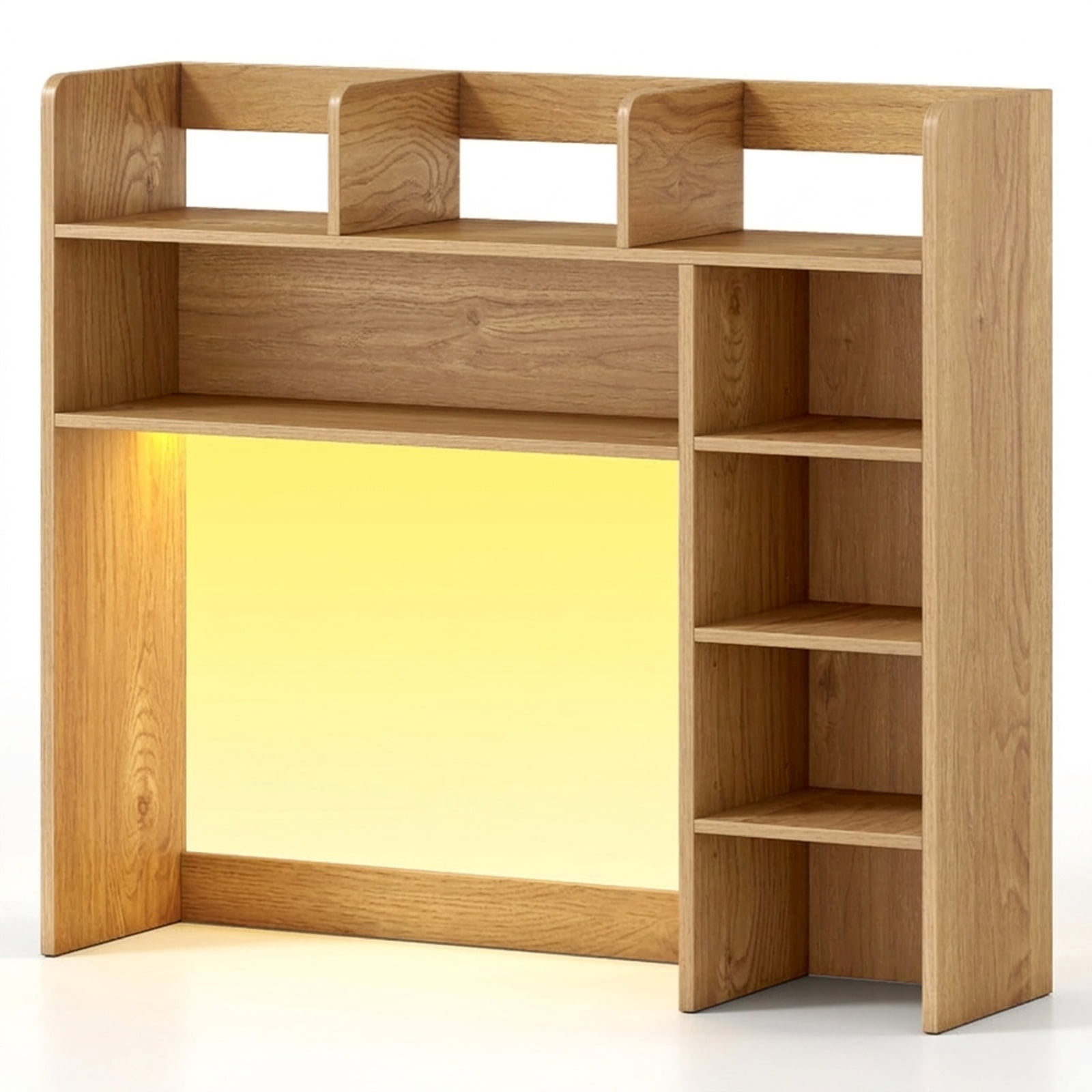 Furnibear Desktop Bookshelf with LED Lights 35.5 Inch Wood Desk Hutch Storage Organizer with Adjustable Shelves and Remote, Natural