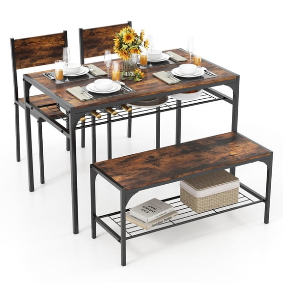 Furnibear Industrial Kitchen Table with Bench and Chairs for Dining Room and Breakfast Nook to Seat Four with Rustic Storage Rack, Coffee