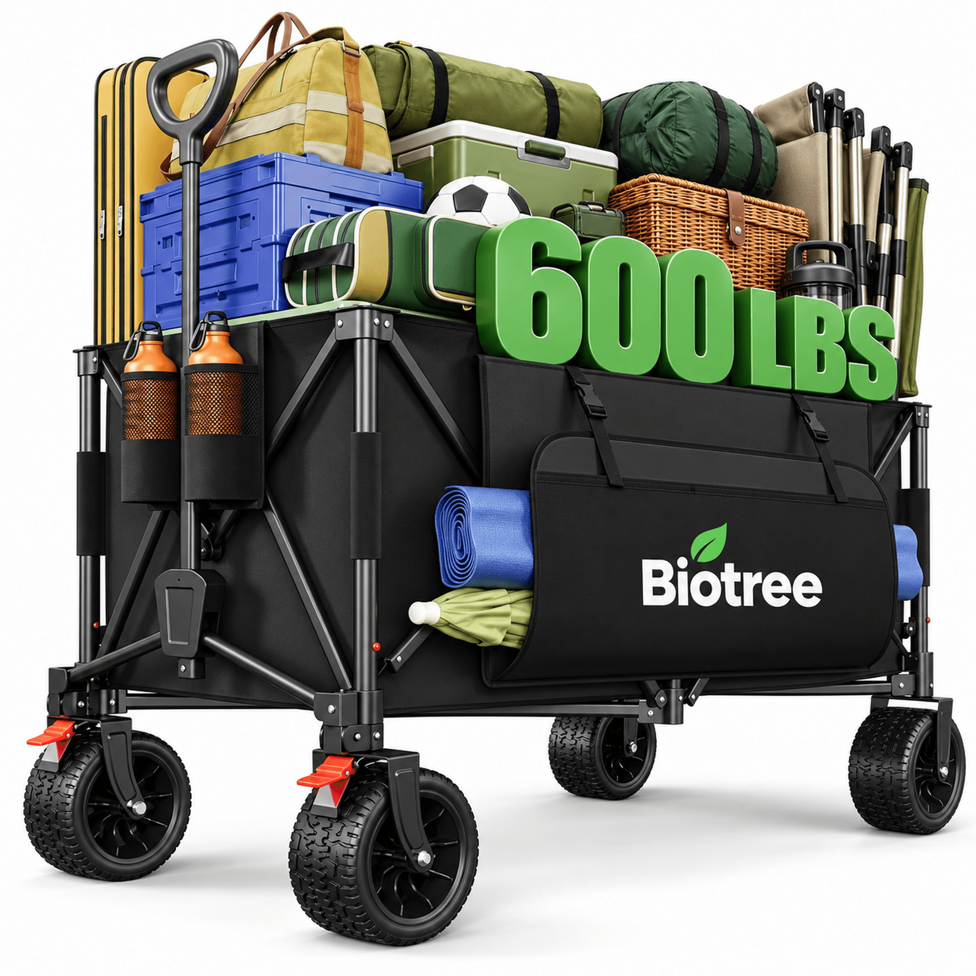 Biotree Collapsible Wagon Cart with Brakes, 600 lbs Heavy-Duty Folding Beach Wagon, 300L Large Capacity Garden Cart with All-Terrain Utility Cart for Camping Sports Shopping, Black