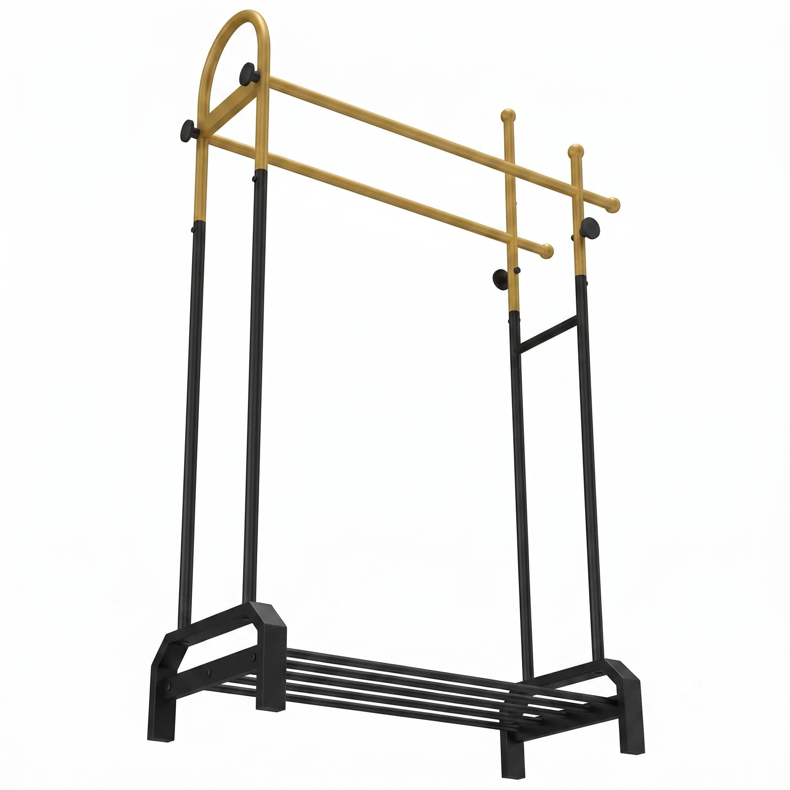 Furnibear Double Rod Garment Rack with 5 Side Hooks and Bottom Shelf for Bedroom Laundry Room and Closet, Gold and Black