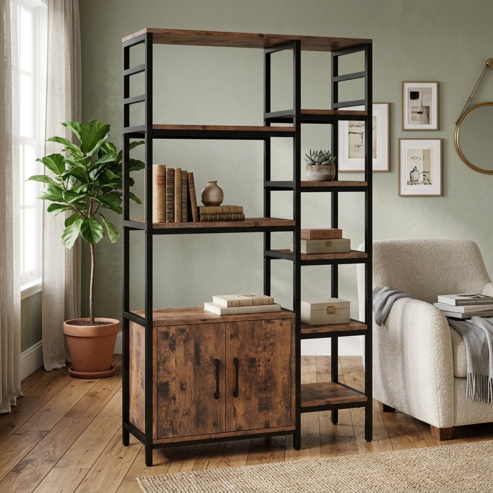 Furnibear Double Wide 8-Tier Bookshelf with 2-Door Cabinet for Living Room Home Office for Living Room Home Office Bedroom Display, Rustic Brown
