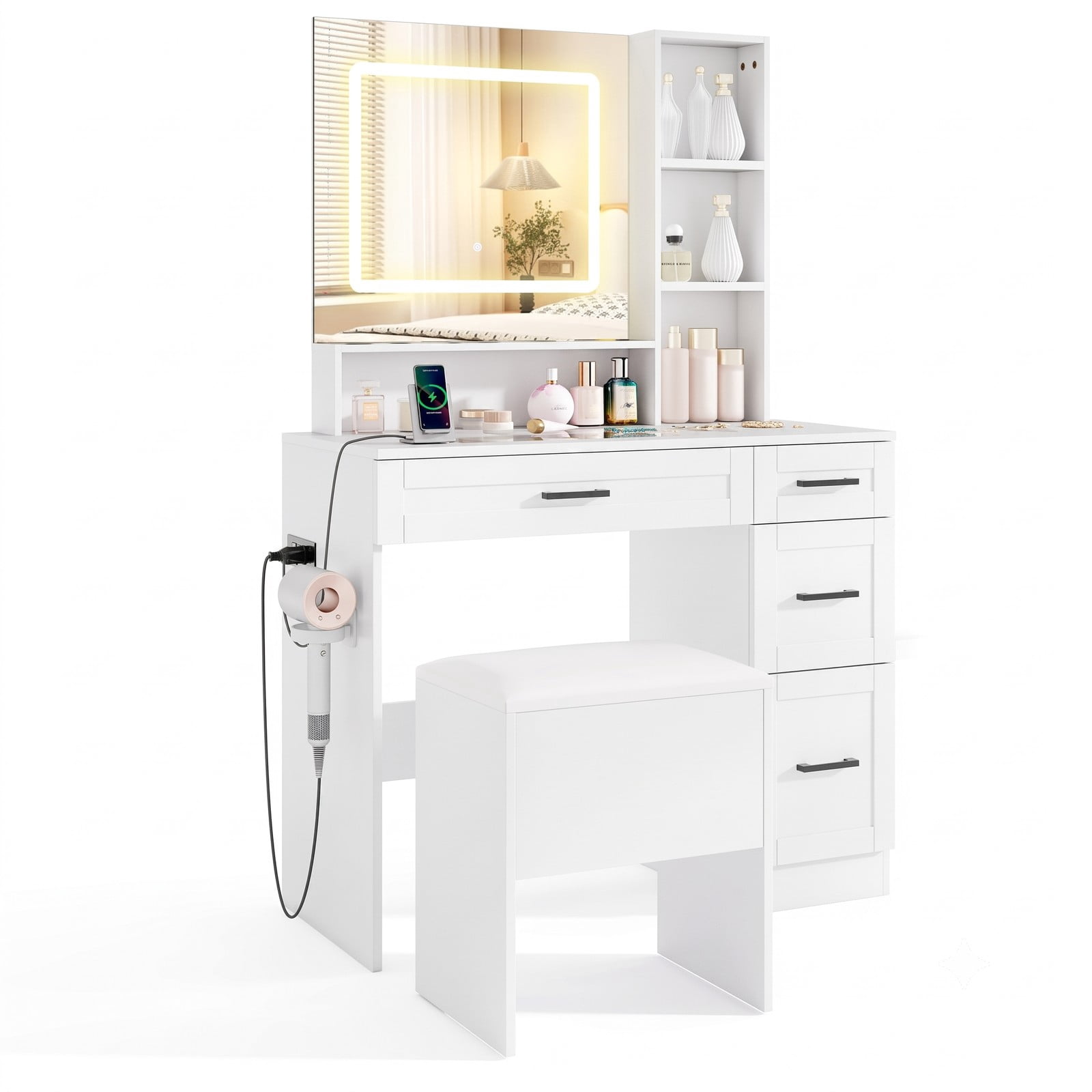 Furnibear Vanity Desk with Lighting and Hair Dryer Stand, Makeup Vanity Table with 3 Color Modes, Charging Station, 4 Drawers and Cushioned Stool, White