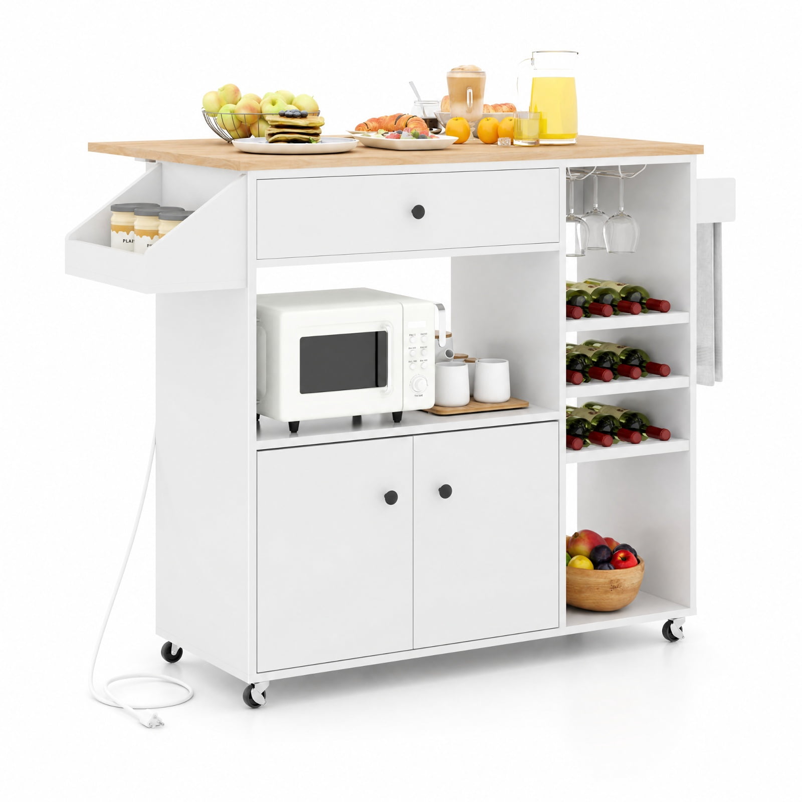 Furnibear Drop Leaf Mobile Kitchen Island Cart with Power Outlet Adjustable Shelf Wine Rack and Storage Cabinet for Small Kitchens, White