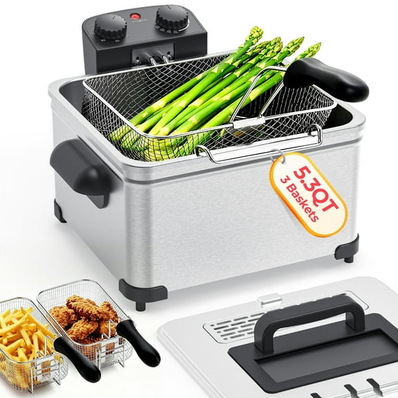 Furnibear Electric Deep Fryer with 3 Frying Baskets, 5L 1800W 304 Stainless Steel Large Fryer Adjustable Temperature,View Window Lid for Kitchen, Fry Fish for Home Use,Silver