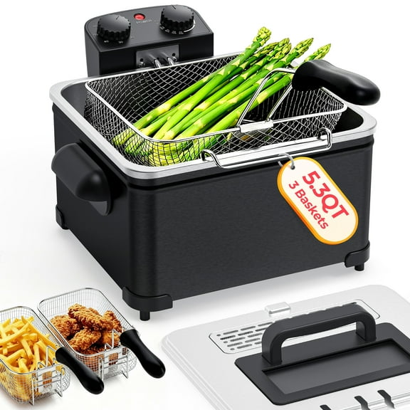 Furnibear Electric Deep Fryer with 3 Frying Baskets, 5L 1800W 304 Stainless Steel Large Fryer Adjustable Temperature,View Window Lid for Kitchen, Fry Fish for Home Use,Silver