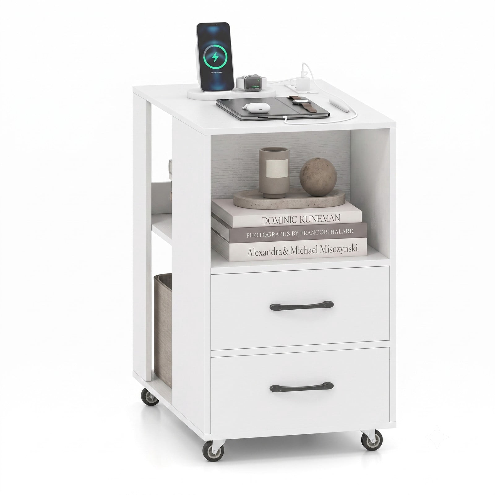 Furnibear End Table with Built-in Charging Station, Sofa Side Bedside Table on Wheels with 2 Drawers and 3 Open Shelves, USB and Type-C Ports, Rolling, White