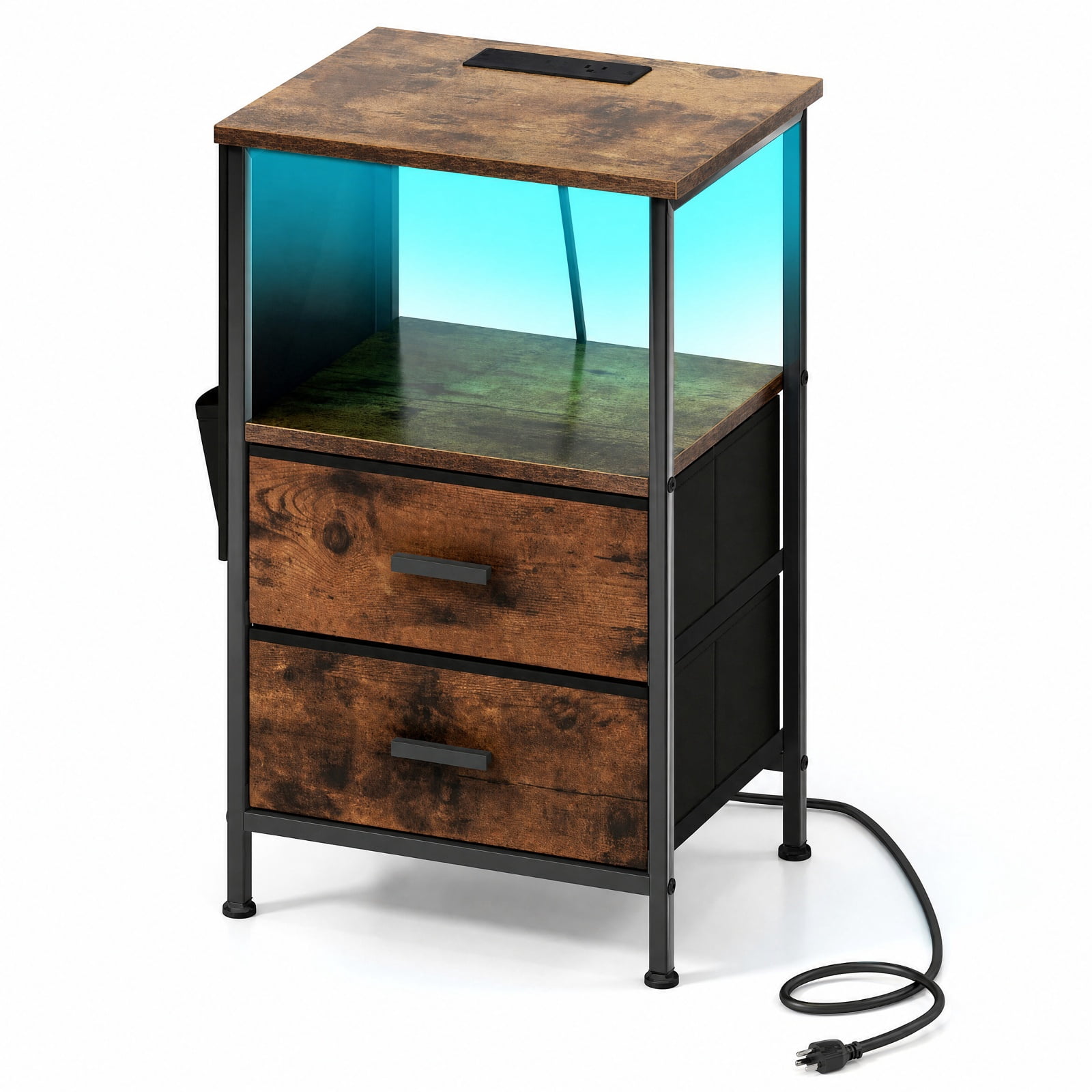 Furnibear End Table Nightstand with Charging Station and 2 Folding Fabric Drawers