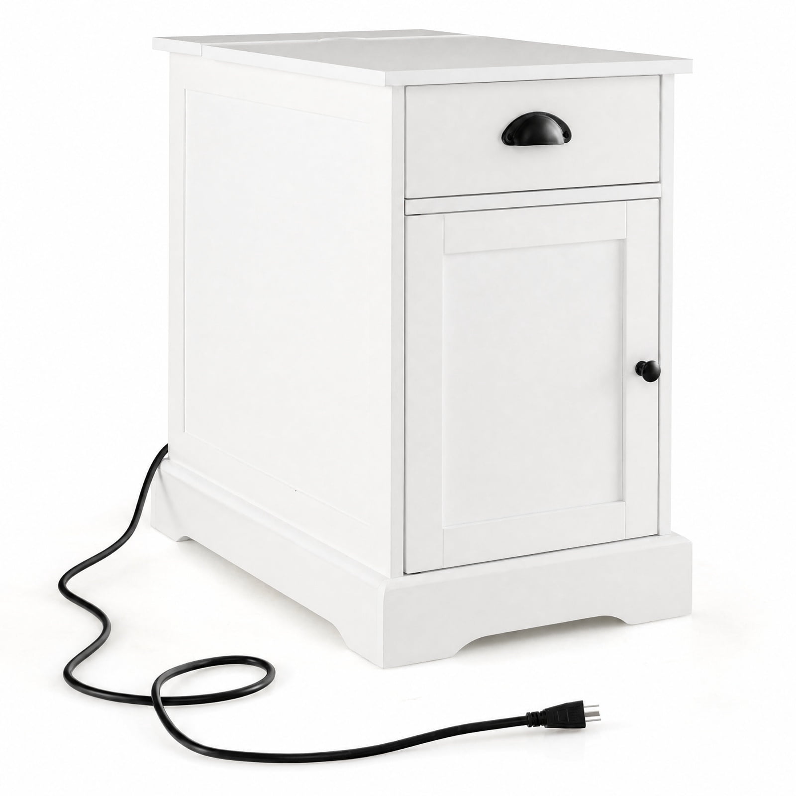 Furnibear End Table with Charging Station Flip Top and Drawer Cabinet Magazine Holder for Living Room Bedroom Sofa Side Narrow Spaces, White