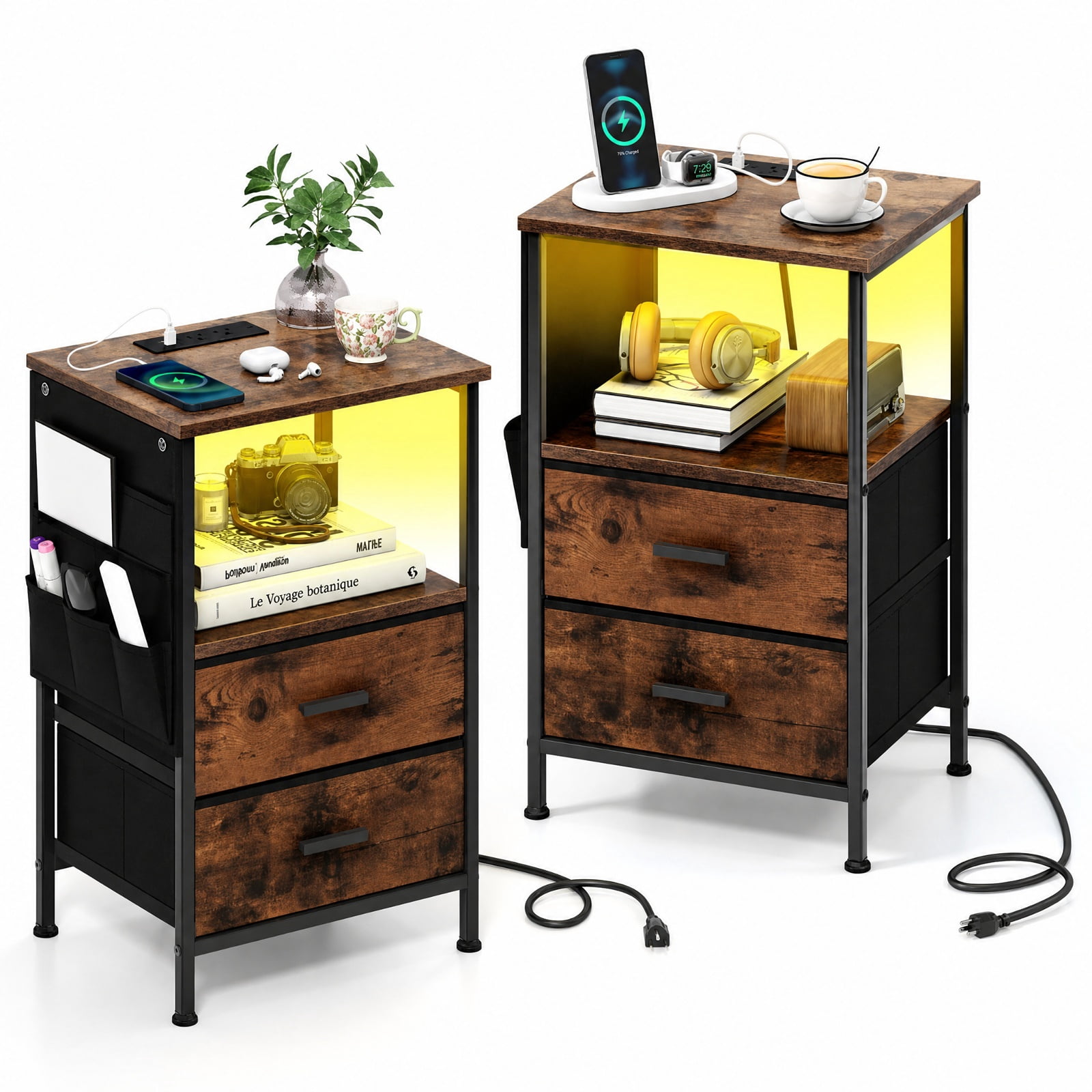 Furnibear End Table with Charging Station Set of 2 Nightstand with 2 Folding Fabric Drawers for Bedroom Living Room Bedside Sofa Side Small, Coffee