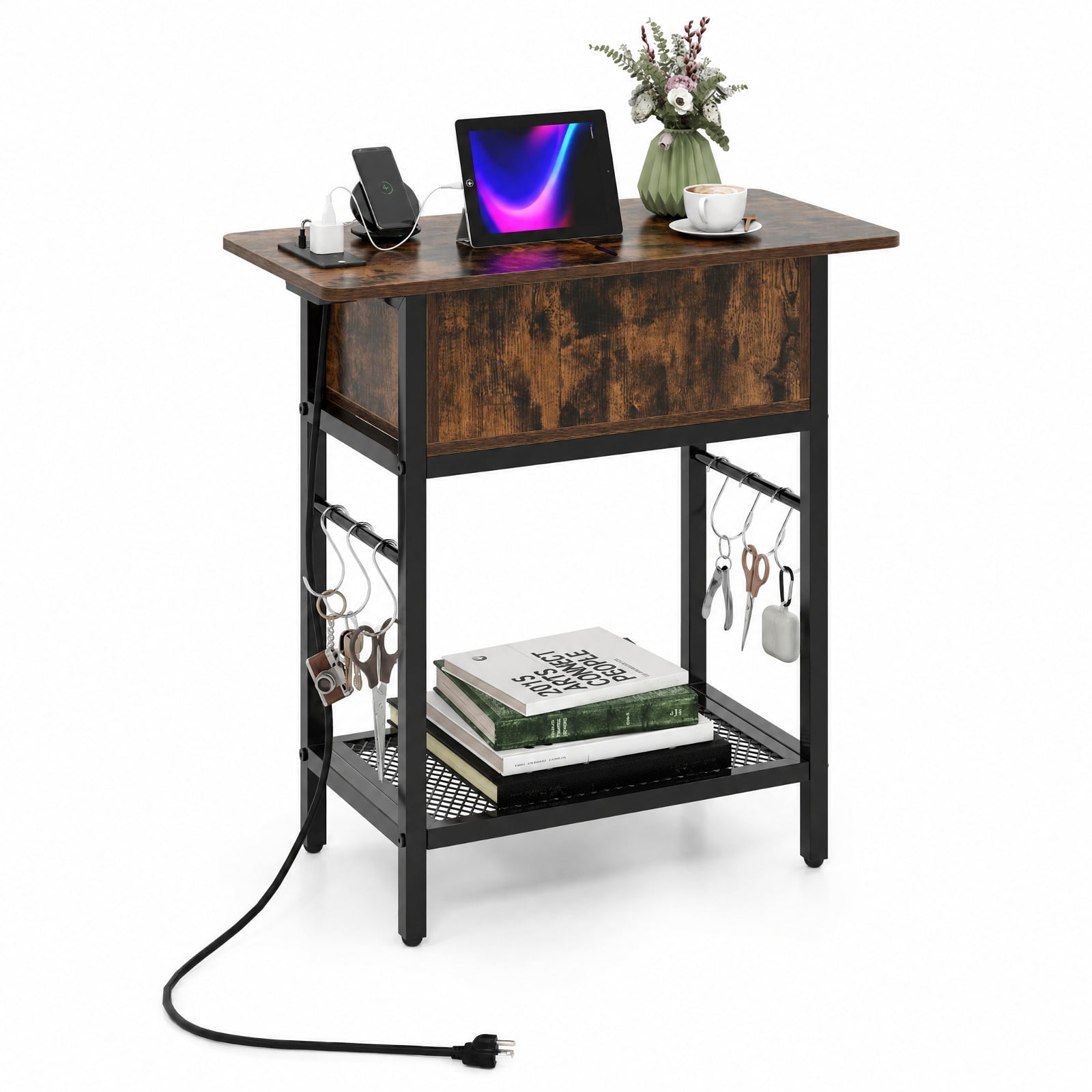 Furnibear End Table with Charging Station USB Ports Outlets and Flip Top Hidden Compartment for Living Room Bedroom and Sofa Side, Coffee