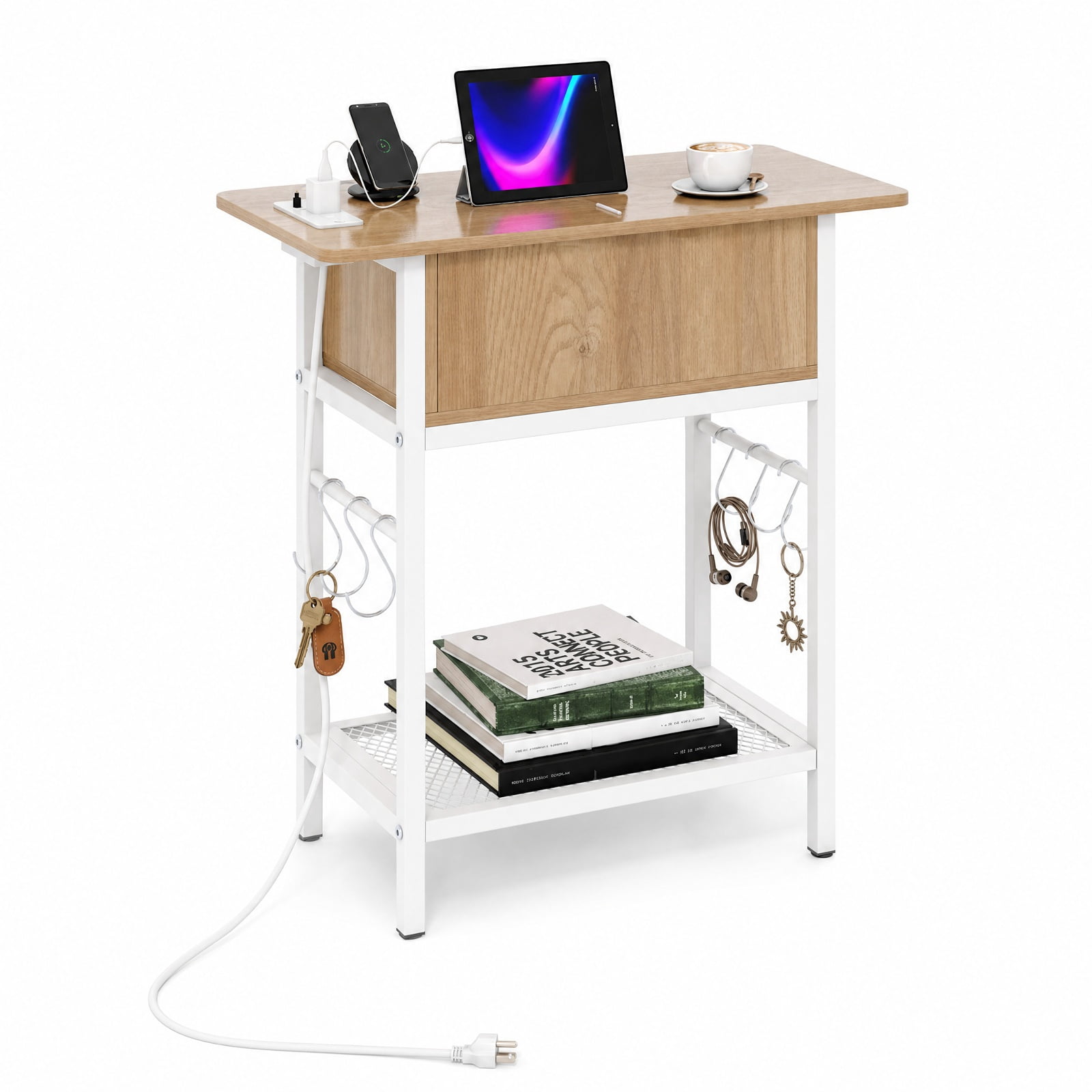 Furnibear End Table with Charging Station USB Ports Outlets and Flip Top Hidden Compartment for Living Room Bedroom and Sofa Side, Natural