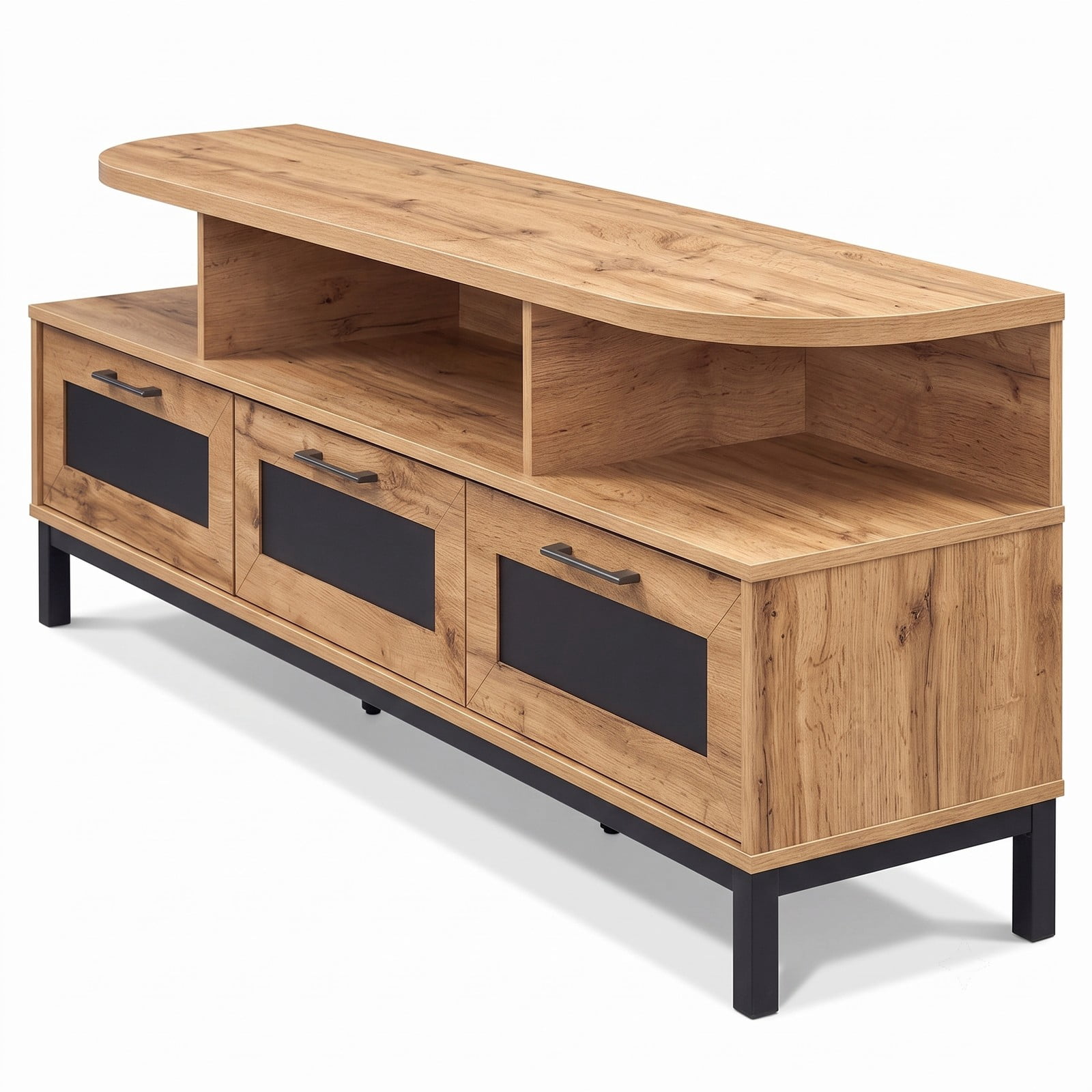 Furnibear Entertainment Center TV Stand for TVs up to 75 Inch, Wood Media Console Table with 3 Storage Drawers and Open Shelves, Living Room Bedroom, Rustic Natural