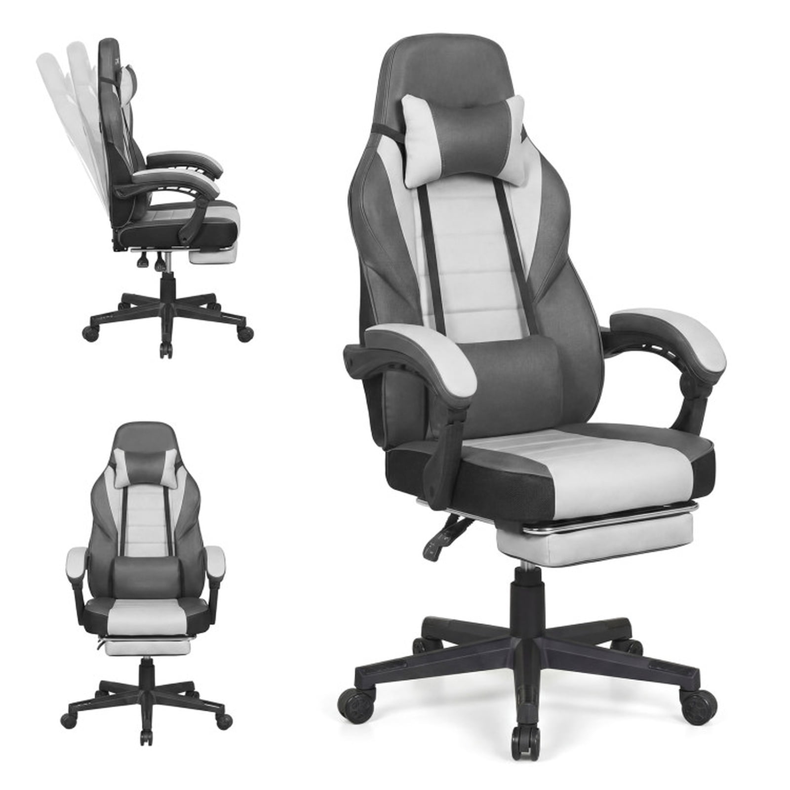 Furnibear Ergonomic Video Game Chair with Headrest 155 Degree Reclining Backrest Retractable Footrest and Swivel Base for Home Office, Gray