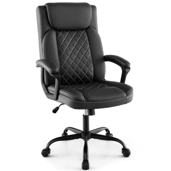 Furnibear Executive Office Chair with Thick Headrest Cushion, Ergonomic High Back Leather Desk Chair Rocking Swivel for Home Office, Black