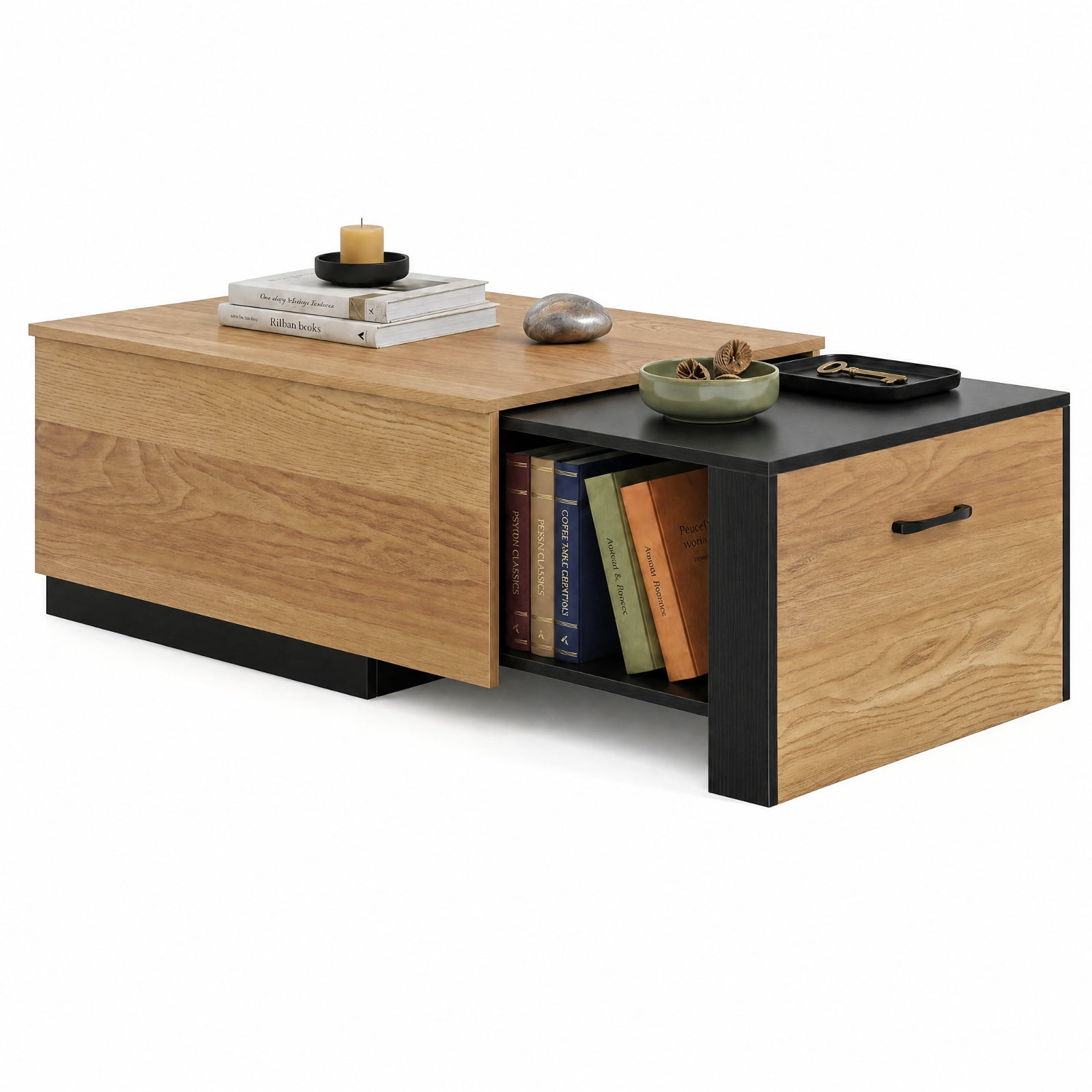 Furnibear Extendable 2-Tier Coffee Table with Concealed Storage Compartment and Bottom Shelf for Living Room and Small Space, Natural