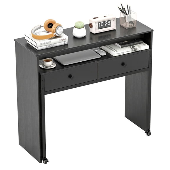 Furnibear Extendable Computer Desk with 2 Storage Drawers Monitor Shelf Lockable Wheels and Anti-Tipping Kits in Black
