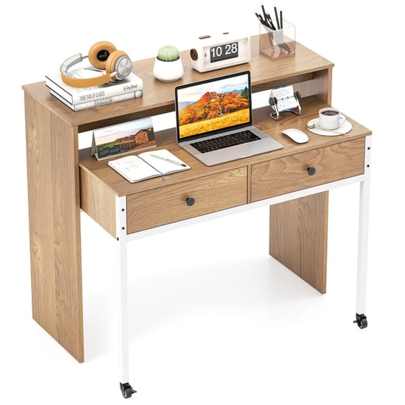 Furnibear Extendable Computer Desk with Pull Out Secondary Desk Top Shelf 2 Drawers and Engineered Wood Construction in Natural
