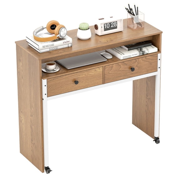 Furnibear Extendable Computer Desk Writing Desk with Pull Out Secondary Desk Top Shelf and 2 Drawers for Small Space, Natural