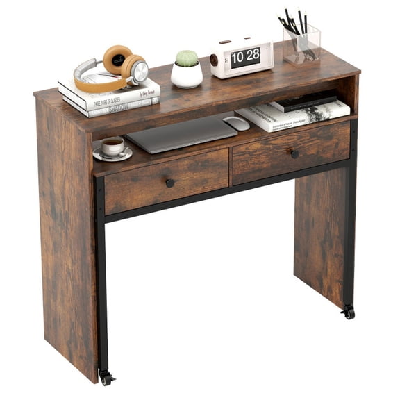 Furnibear Extendable Convertible Computer Desk with 2 Storage Drawers, Lockable Wheels, Monitor Shelf and Metal Frame Brown