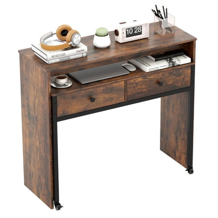 Furnibear Extendable Computer Desk with Drawers, Rolling Home Office Desk with Monitor Shelf and Storage, Study Writing Desk for Bedroom, Rustic Brown