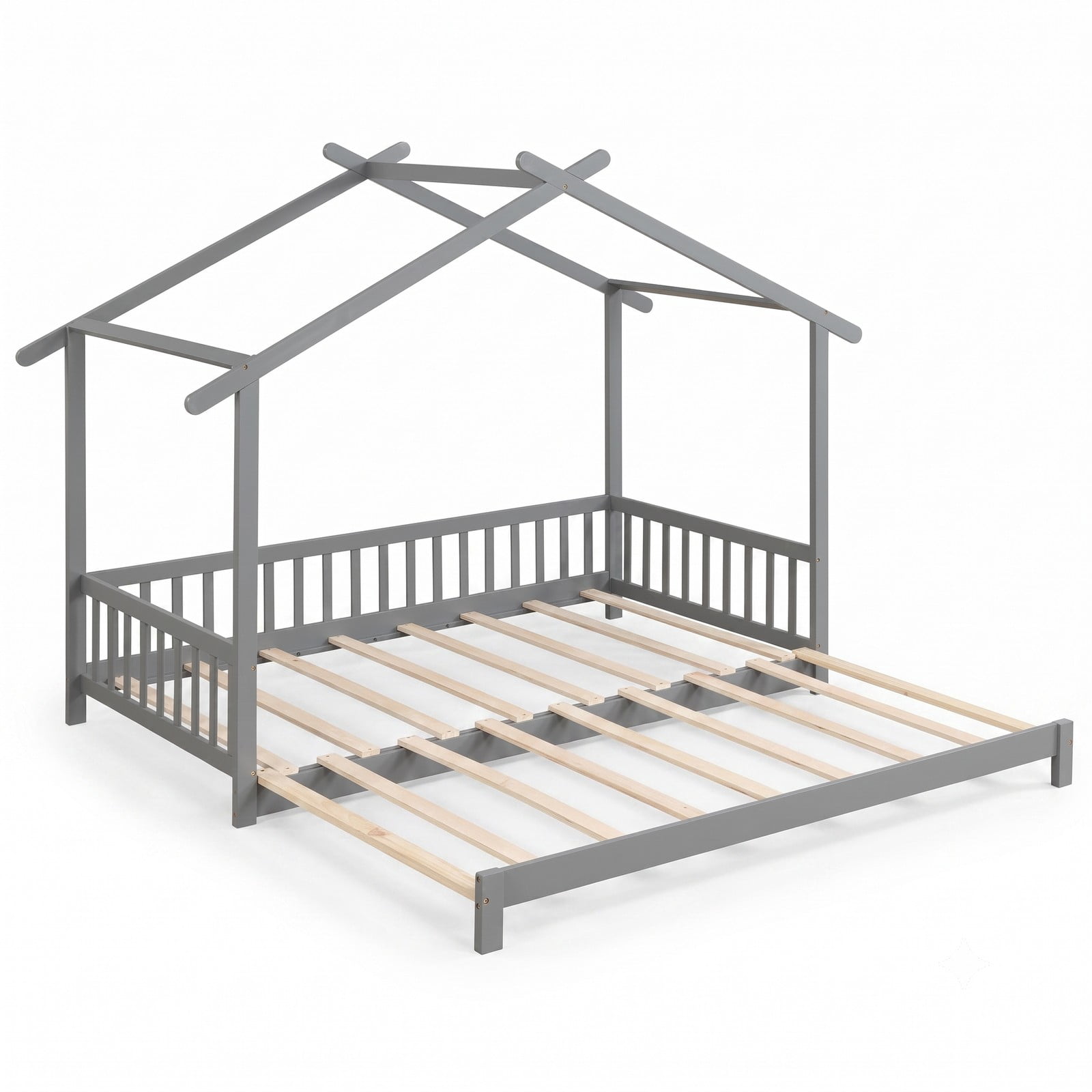 Furnibear Extendable House Bed Twin to King Size Daybed with Roof Frame and Fence Rails for Kids and Shared Bedroom, Gray