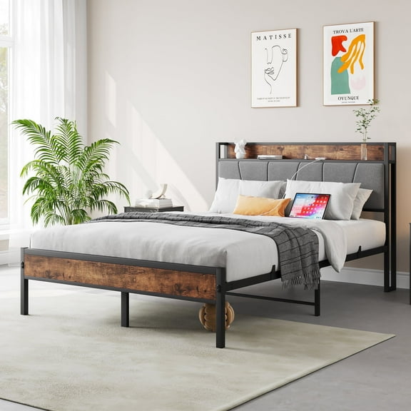 Furnibear FULL SIZE Bed Frame with Storage Headboard and USB Charging Station, Sturdy Shake-Free Platform, No Box Spring Needed, Easy Tool-Free Assembly