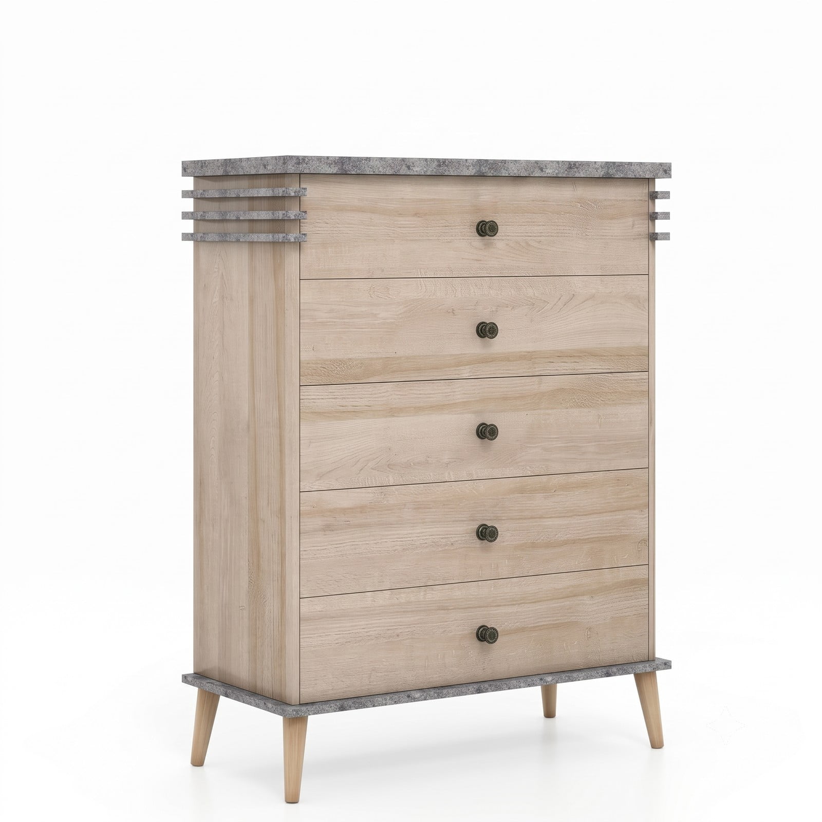 Furnibear Farmhouse 5-Drawer Tall Dresser with Metal Knobs and Solid Wood Legs for Bedroom and Closet Storage, Antique Grey and Natural