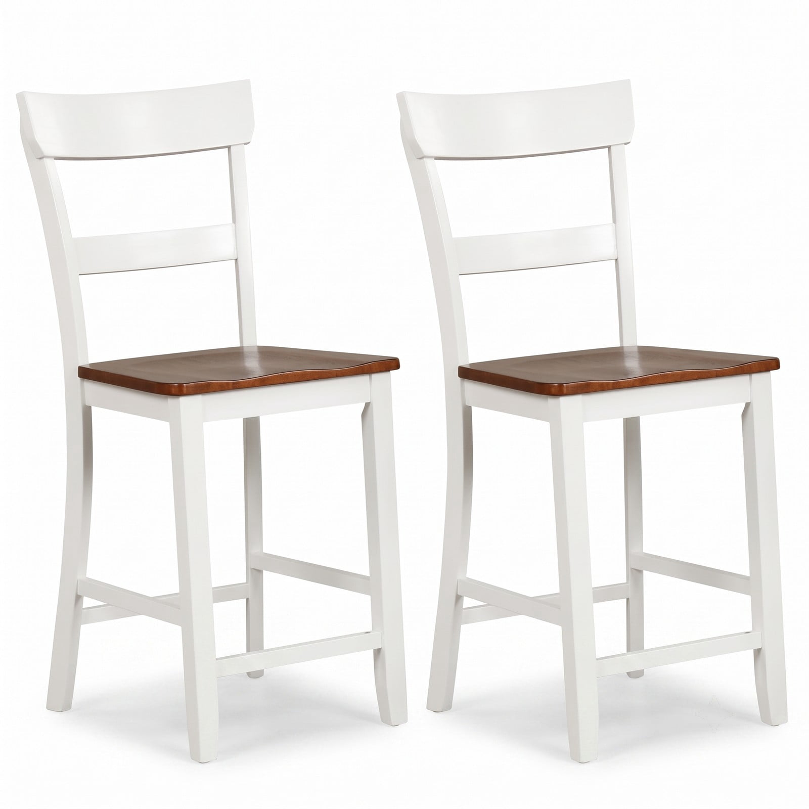 Furnibear Farmhouse Bar Stool Set of 2, 24.5 Inch Counter Height Stools with Solid Rubber Wood Frame, Curved Backrest and Footrest, Armless Dining Barstools for, White