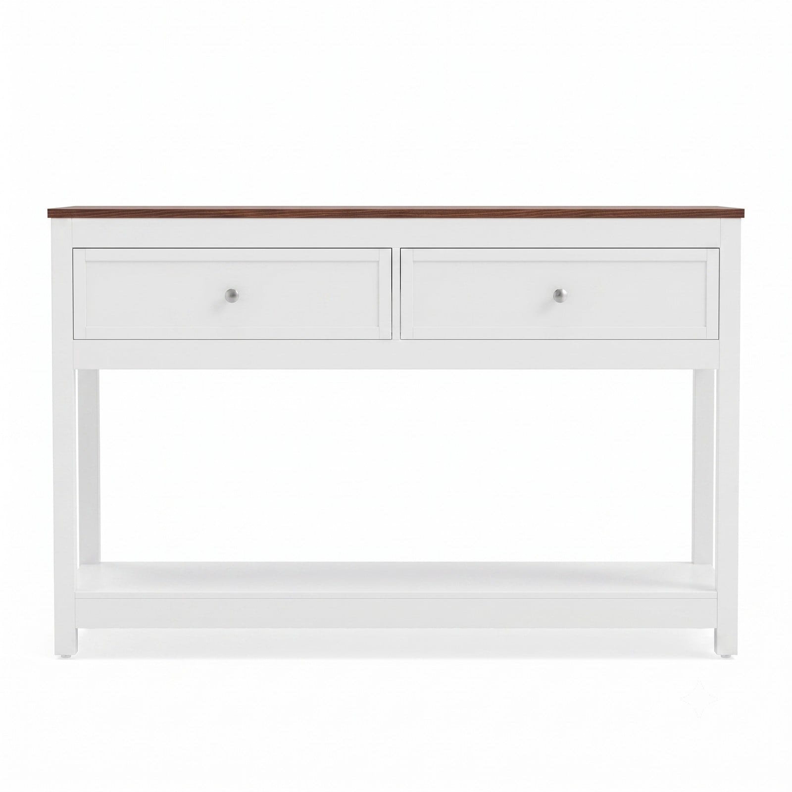 Furnibear Farmhouse Console Table with 2 Drawers and Open Storage Shelf and Two-Tone Wood Top for Entryway and Hallway, White
