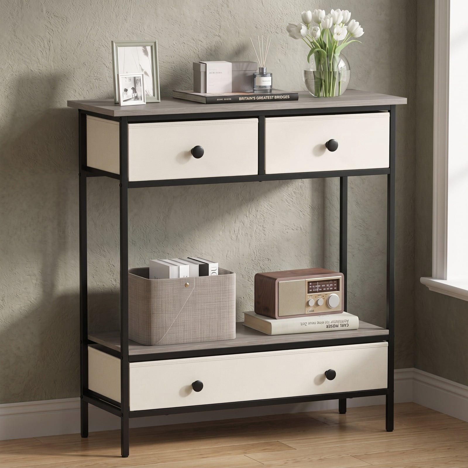 Furnibear Farmhouse Console Table with 3 Fabric Drawers and Open Storage Shelf and Metal Frame for Hallway and Entryway, Gray