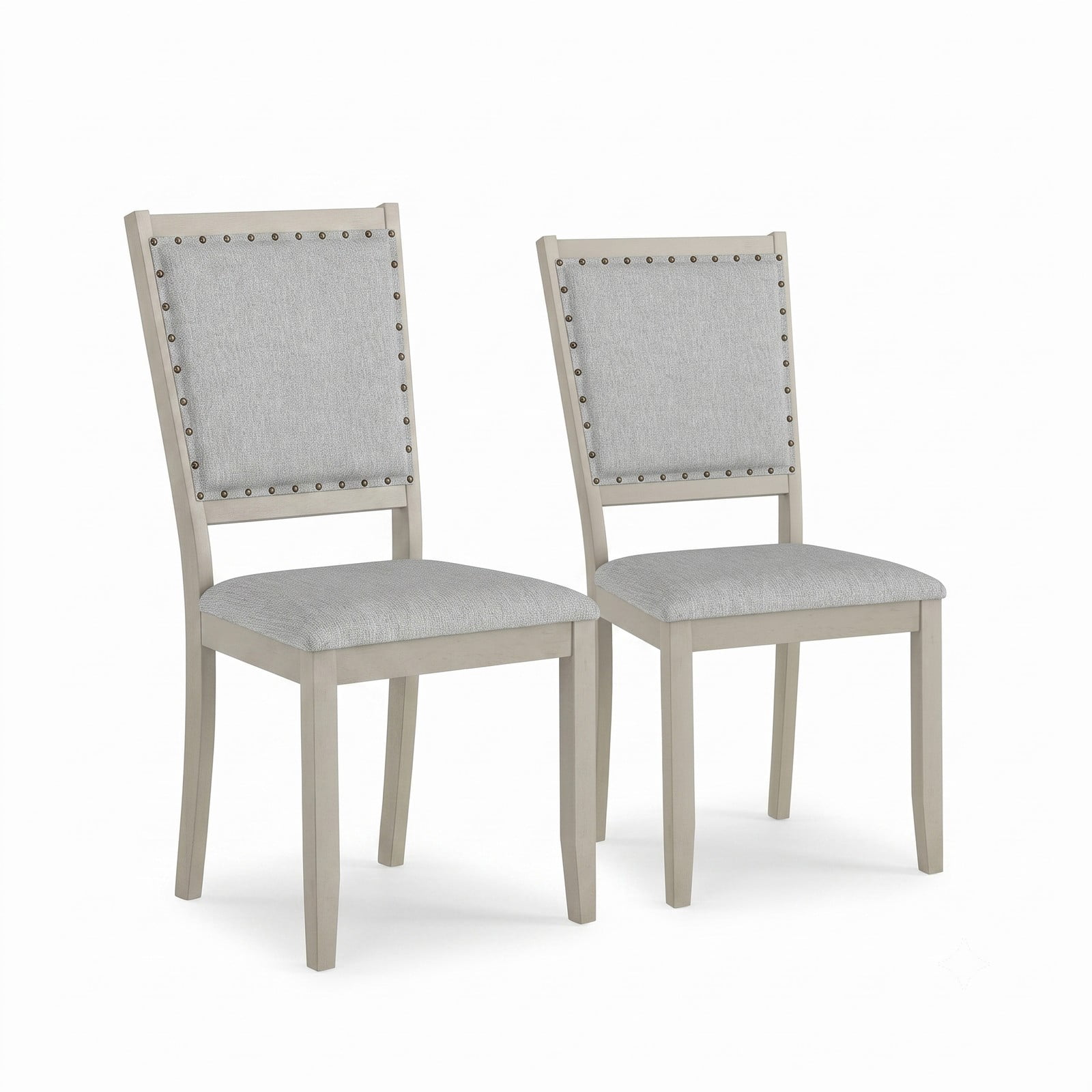 Furnibear Farmhouse Dining Chair Set of 2, Fabric Upholstered Kitchen Chairs with Rubber Wood Frame, Padded Seat and Vintage Nailhead Trim for Dining Room Cafe, Gray
