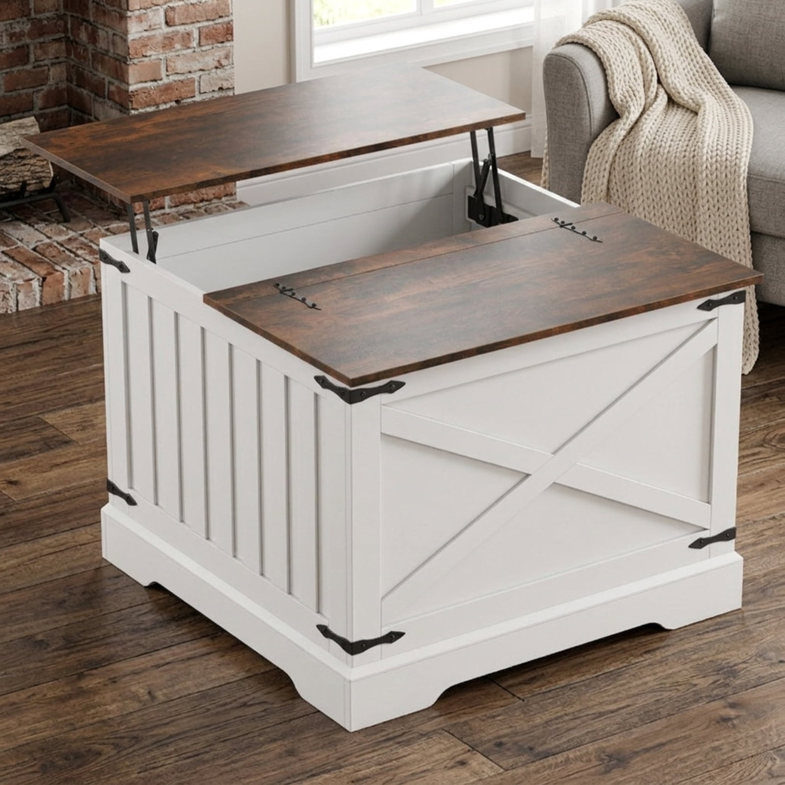 Furnibear Farmhouse Lift Top Coffee Table with Hidden Storage Compartment Hydraulic Lifter and Enlarged Base for Living Room, Rustic Brown