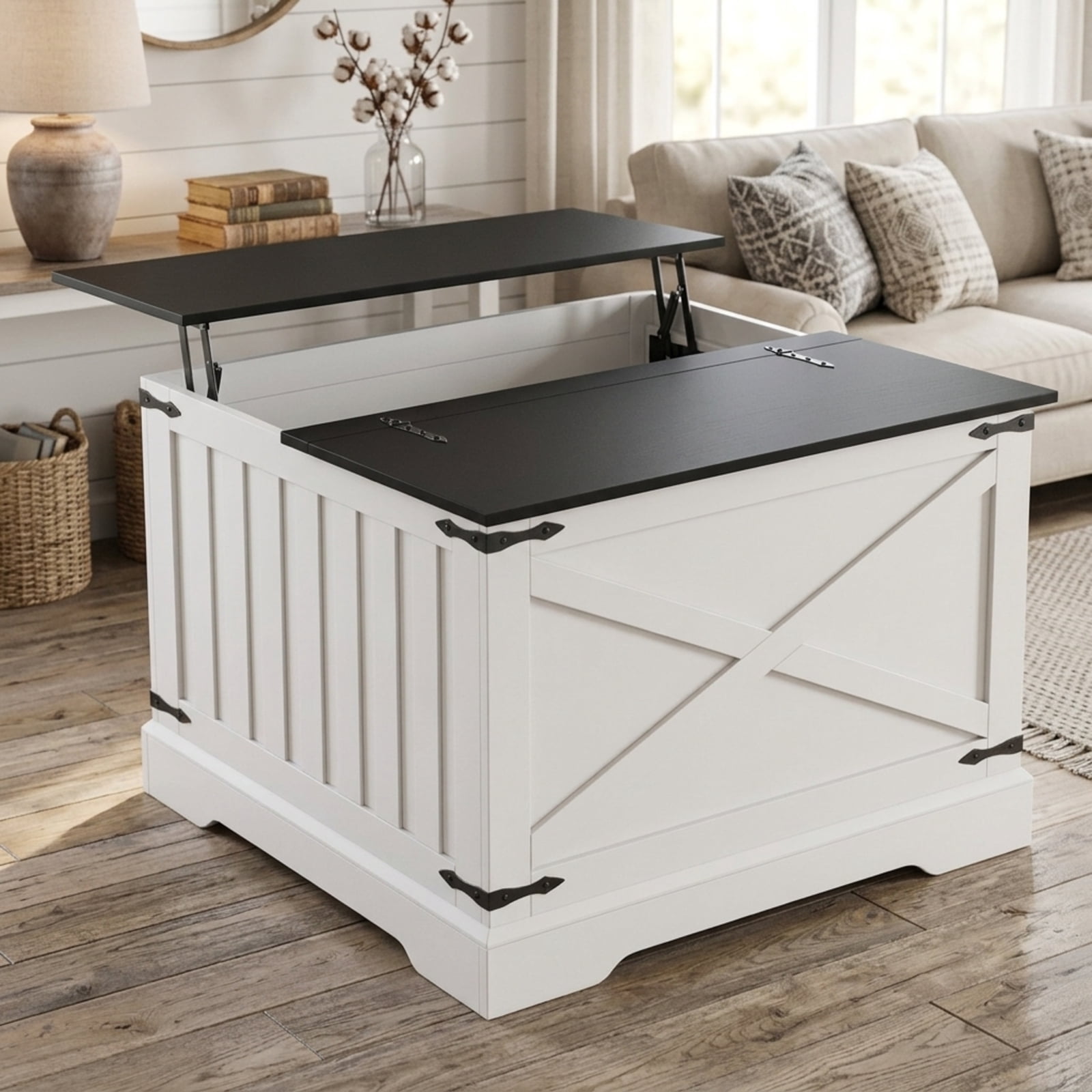 Furnibear Farmhouse Lift Top Coffee Table with Large Hidden Storage Compartment and Reinforced Metal Brackets for Living Room, Black