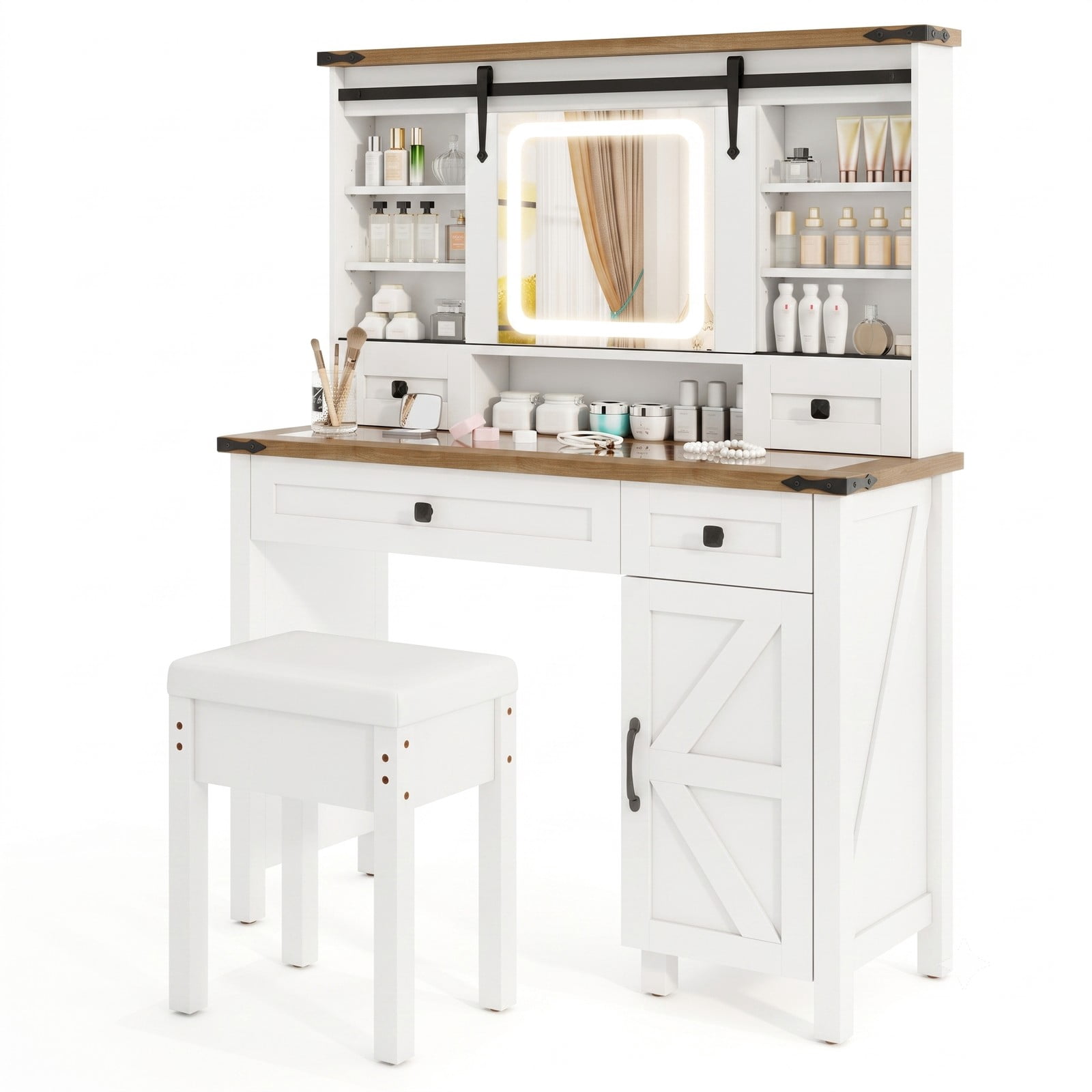 Furnibear Farmhouse Makeup Vanity Desk with 3 Color LED Sliding Mirror and 4 Drawers and Side Cabinet and Padded Stool, White