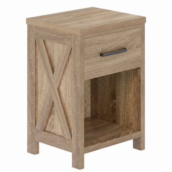 Furnibear Farmhouse Nightstand with Drawer and Open Shelf Bedside Table with X Side Accents for Bedroom Living Room, Natural